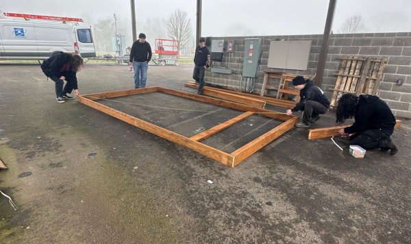 Students measuring wood