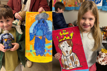 Students holding up artwork and clay sculptures