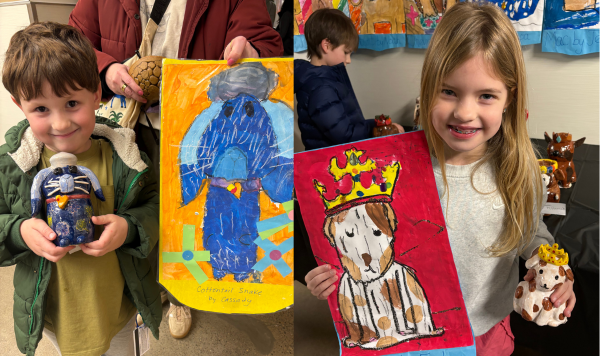 Students holding up artwork and clay sculptures