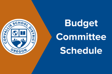 Blue and orange image with district logo that says "Budget Committee Schedule"