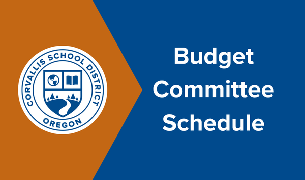 Blue and orange image with district logo that says "Budget Committee Schedule"